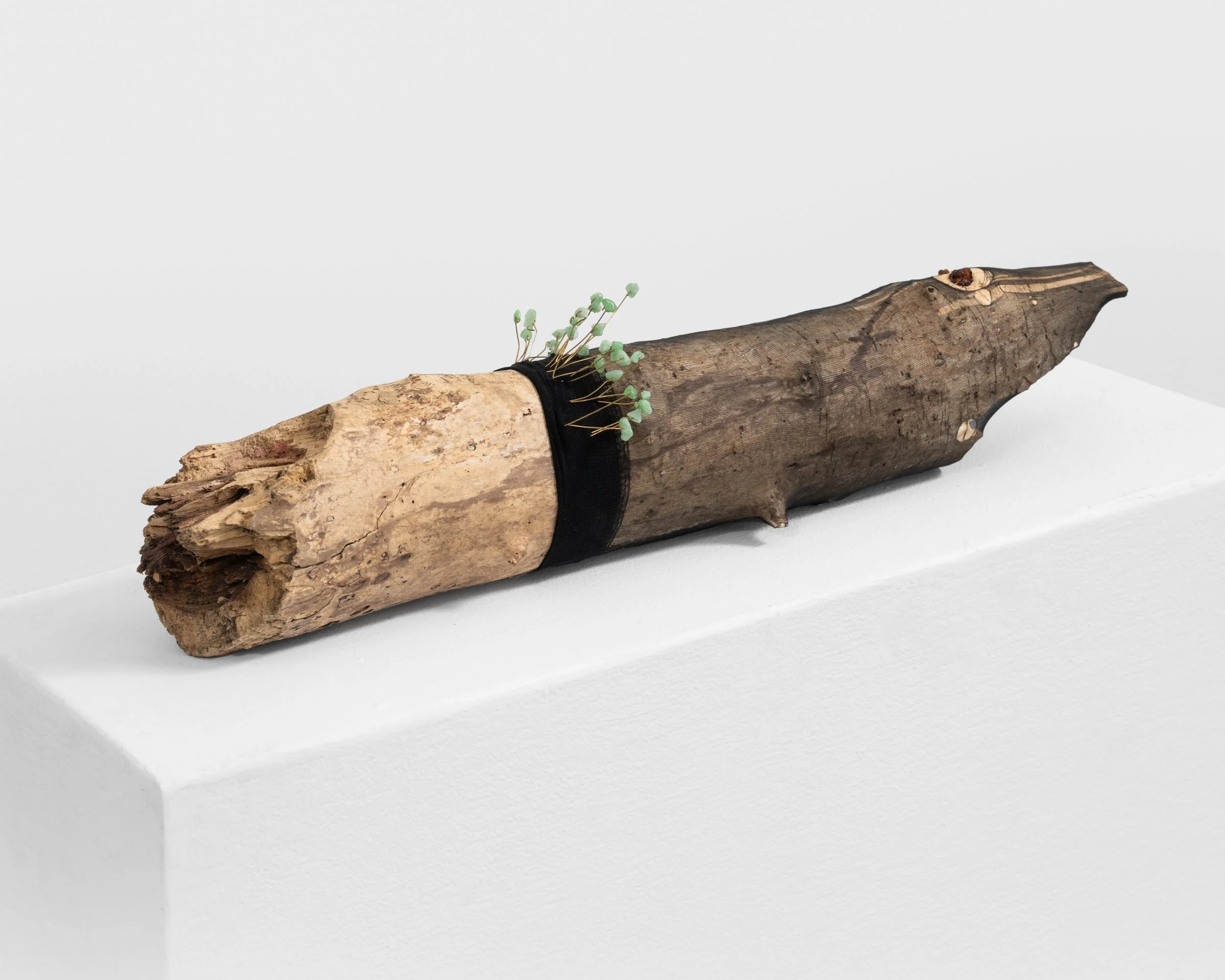 Angel Came Back When I Scraped My Knee
found wood, nylon stocking, brass wire, jade beads, glass beads, epoxy, wire nails 
2021, 6.5" x 28" x 5" 