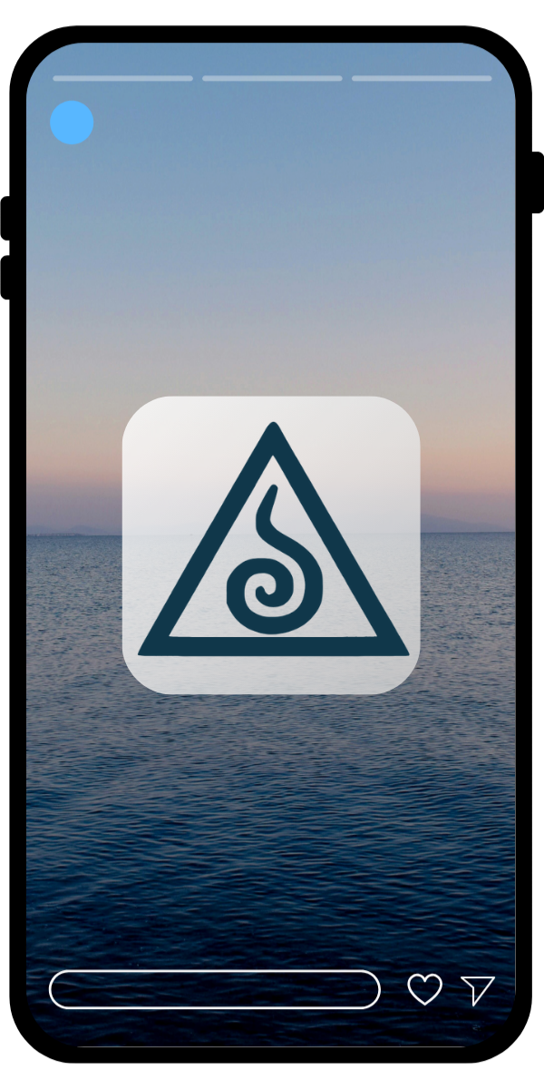 A phone screen showing a scenic ocean view at sunrise with a logo featuring a triangle and a swirl inside, overlaying the background.