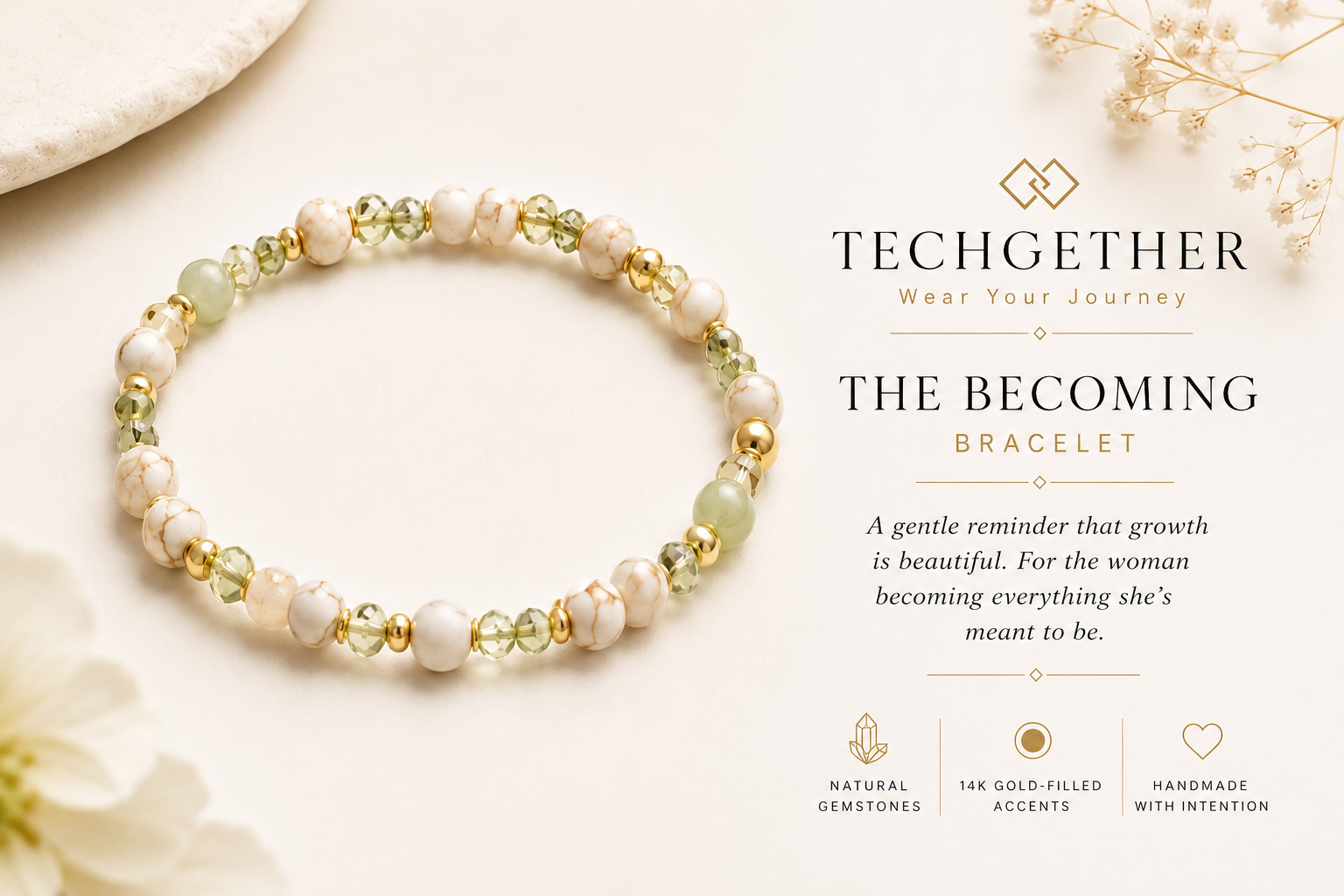 A beaded bracelet with white, green, and gold beads on a light background, with text about the bracelet and its features.