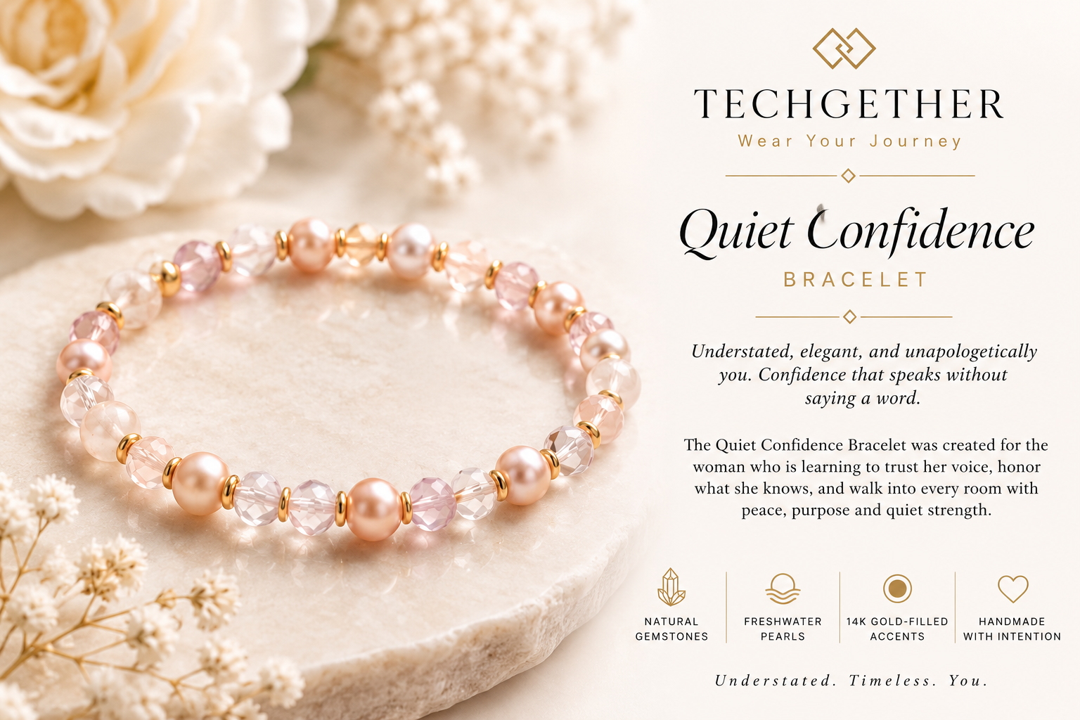A pink pearl and crystal beaded bracelet on a beige surface with white flowers in the background, accompanied by promotional text for the Quiet Confidence Bracelet by TechGother.