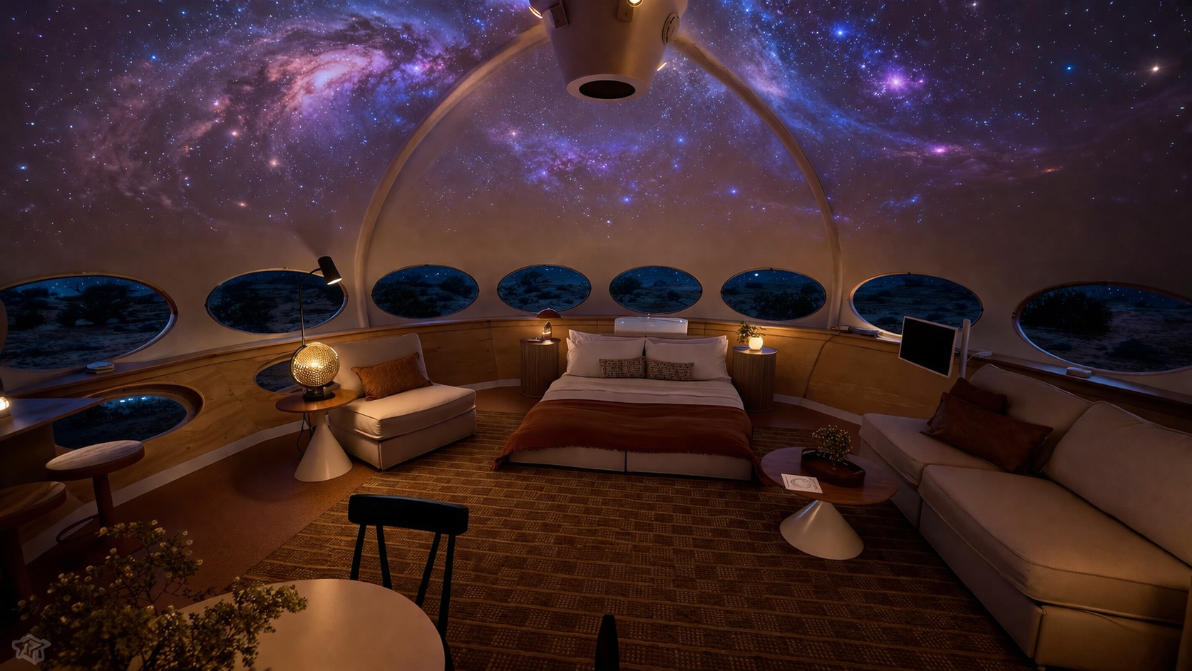 Interior of a cozy hotel room with a curved wall and multiple oval windows showing a starry night sky and galaxy. The room has a bed, sofa, tables, and lamps with warm lighting.