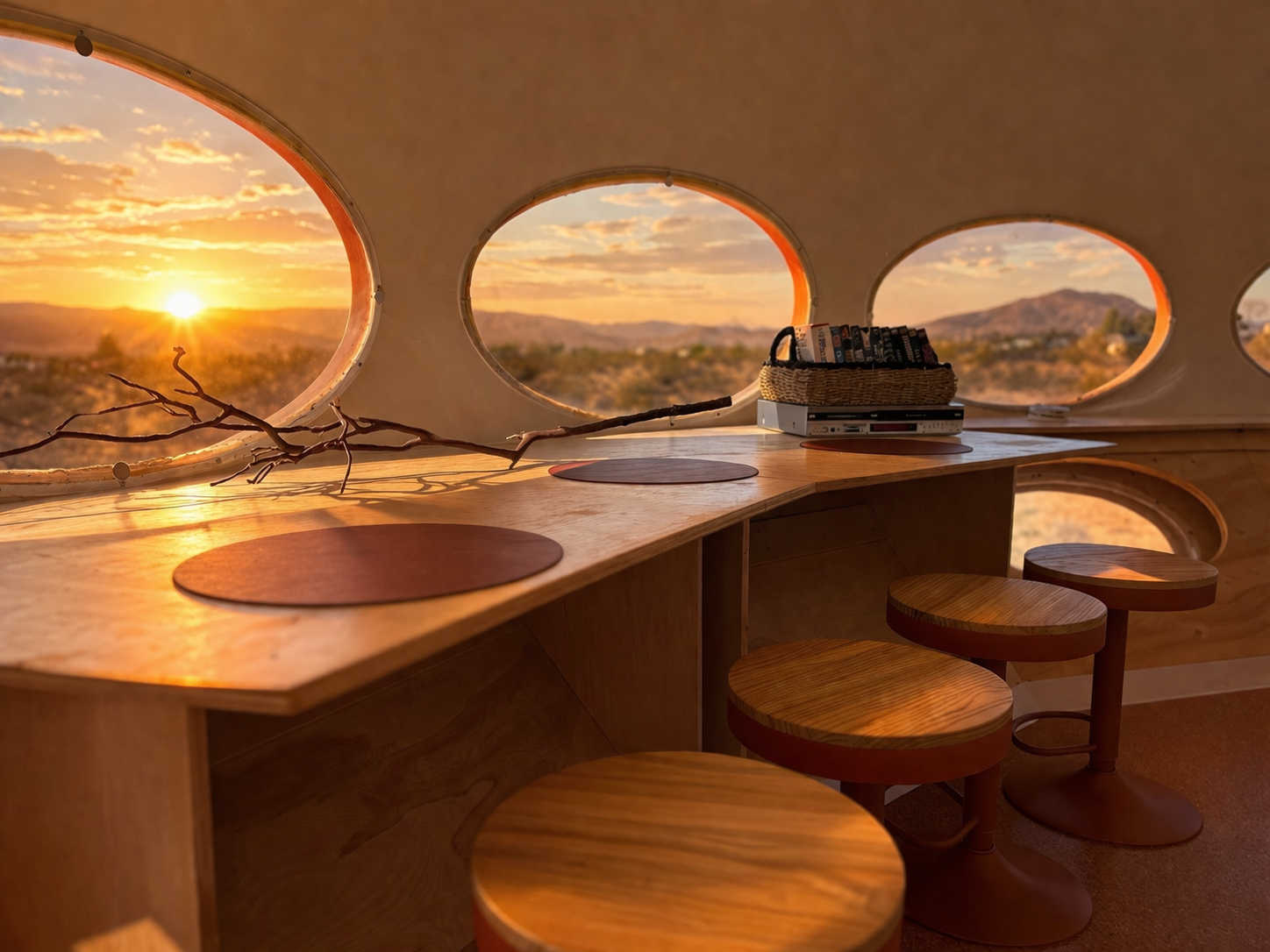 Inside a cozy, rounded wooden room with oval windows showing a sunset over a desert landscape. A wooden countertop with four round placemats, a branch, and a basket of magazines. Four wooden stools are in front of the counter.