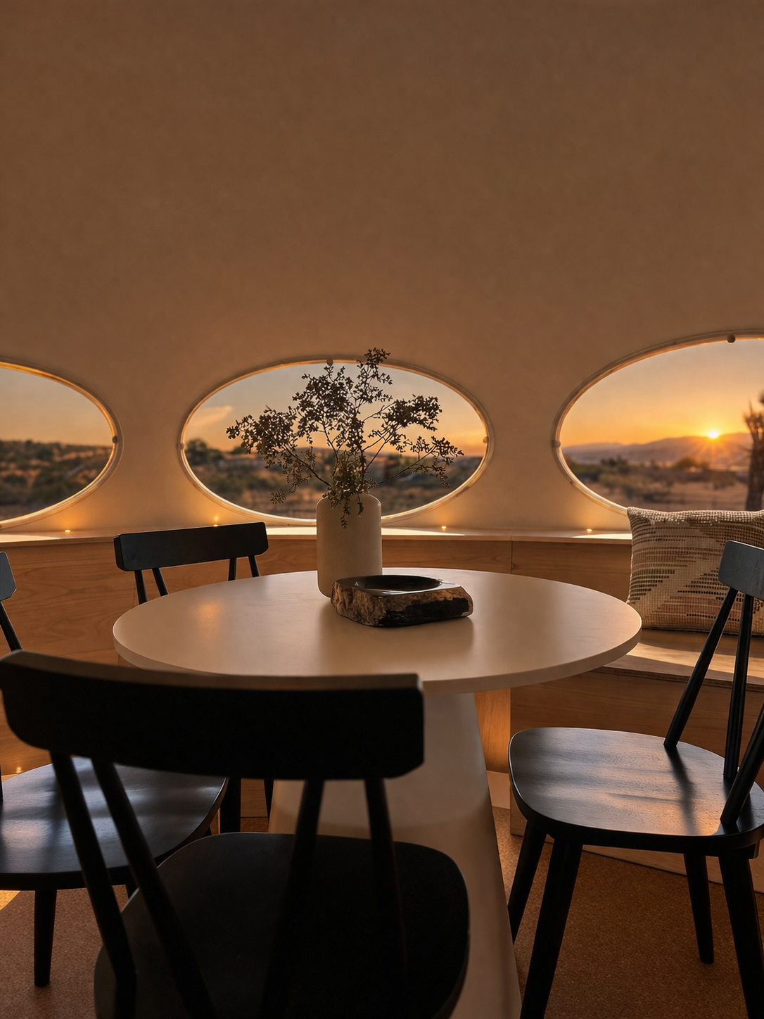 Interior of a room with a round dining table, black chairs, and a window seat with a cushion. A vase with a plant is on the table, set against a sunset view outside with hills and trees.