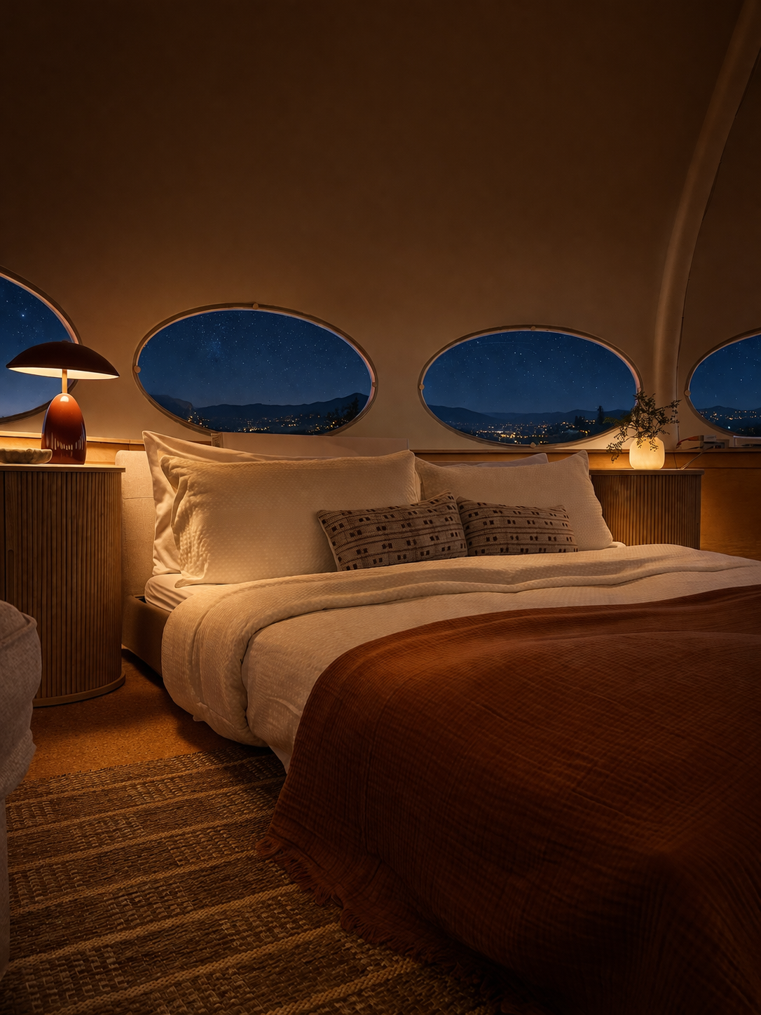 Cozy bedroom with a large bed, pillows, wooden nightstand, lamp, and a night view through three oval windows showing a starry sky and mountains.
