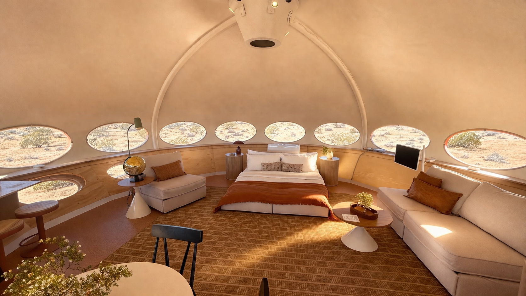 Interior of a luxurious dome-shaped bedroom with a central bed, surrounded by curved windows showing a desert landscape. The room features light-colored furniture, a sofa, side tables, a large carpet, and ambient lighting.