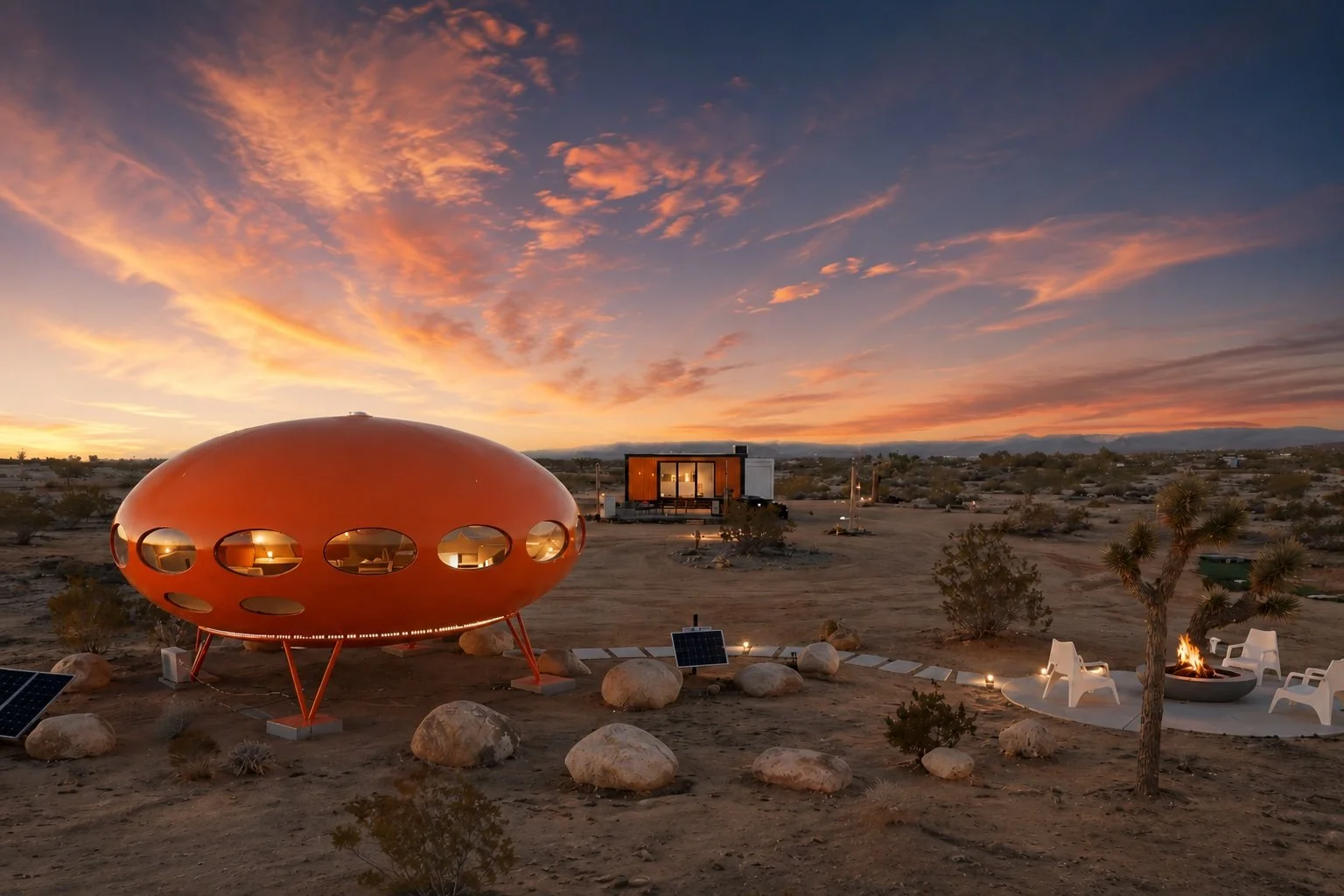 A futuristic, orange UFO-shaped tiny house with circular windows in a desert at sunset. There is a seating area with a fire pit and chairs, solar panels around, and a modern house in the background.