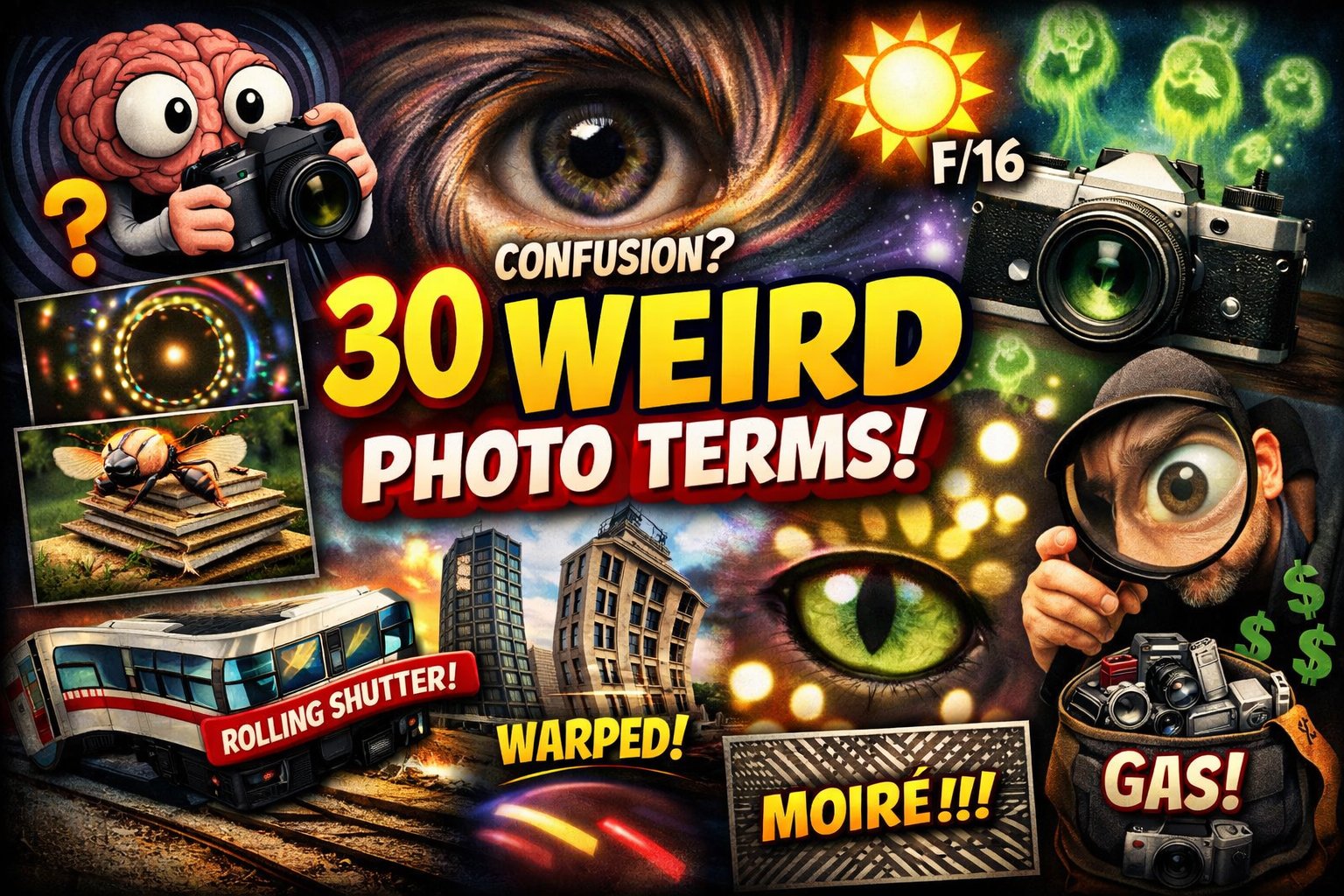 ouTube thumbnail showing strange photography terms like circle of confusion, moiré, rolling shutter distortion, and bokeh with surreal camera visuals.