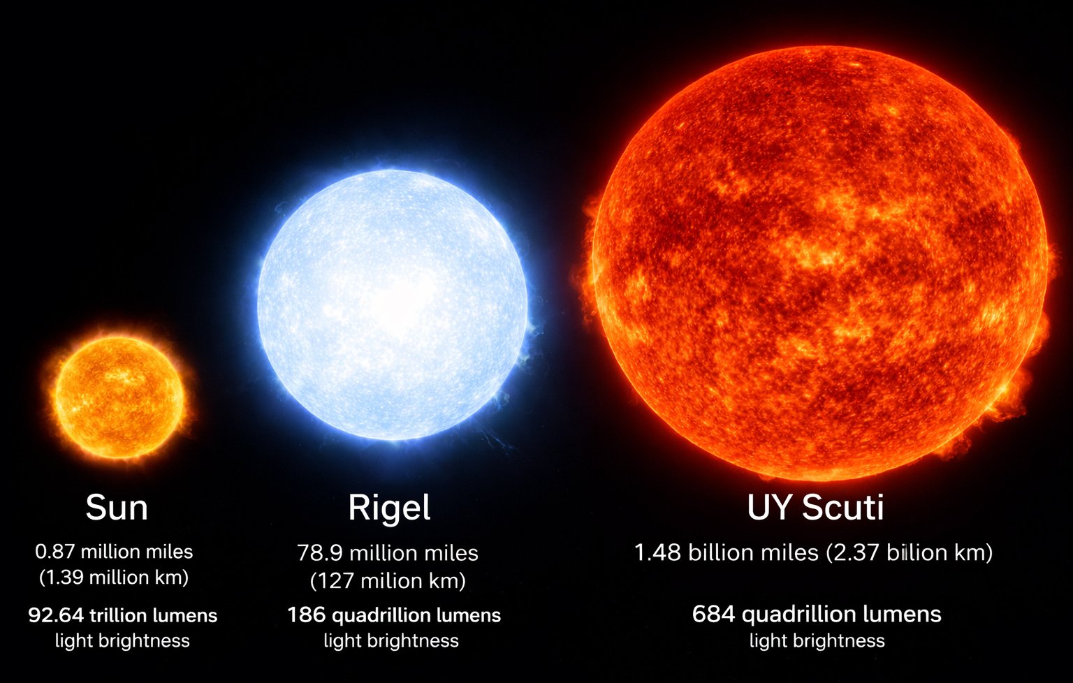 omparison of Sun, Rigel, and UY Scuti showing size and brightness differences