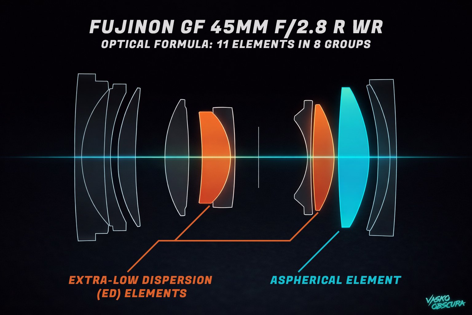 Minimalist optical diagram of the Fujinon GF 45mm f/2.8 R WR lens showing internal elements with highlighted ED and aspherical glass on a dark background.
