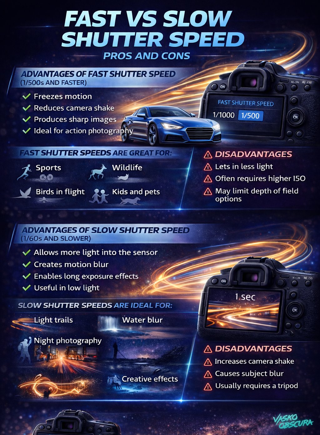 a picture of a cheat sheet chart showing the pros and cons of using a fast shutter vs using a slow shutter.