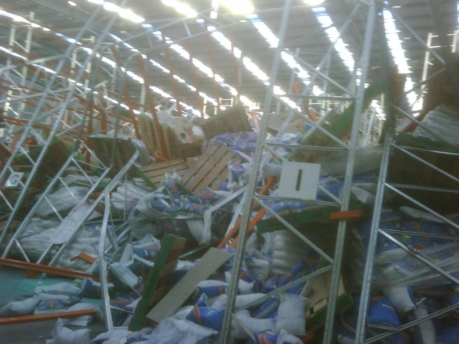 Collapsed racking. This installation was done not long before the earthquake struck.