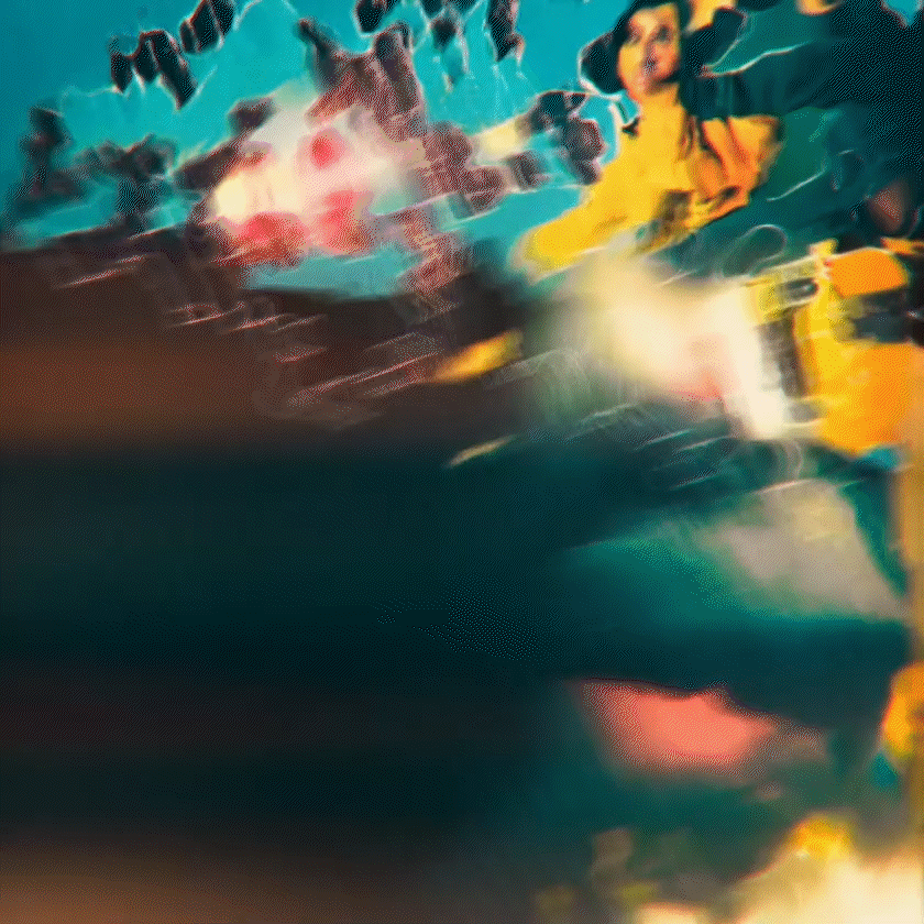 An abstract, colorful artwork with a woman in a yellow dress on the right side, surrounded by swirling shapes and vivid colors like blue, yellow, red, and black.