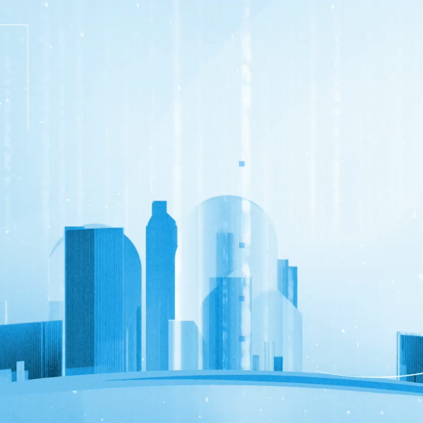 Futuristic digital cityscape with blue skyscrapers and abstract light effects