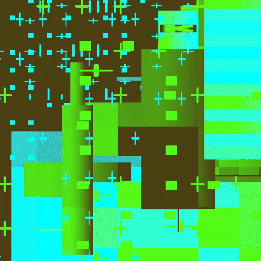 Abstract digital artwork with pixelated green and blue blocks and plus signs on a black background.