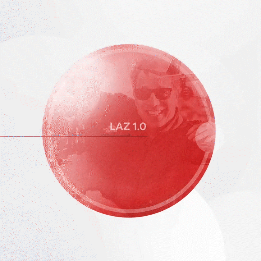 A smiling person wearing sunglasses is shown inside a red globe with the text 'LAZ 1.0' across it.