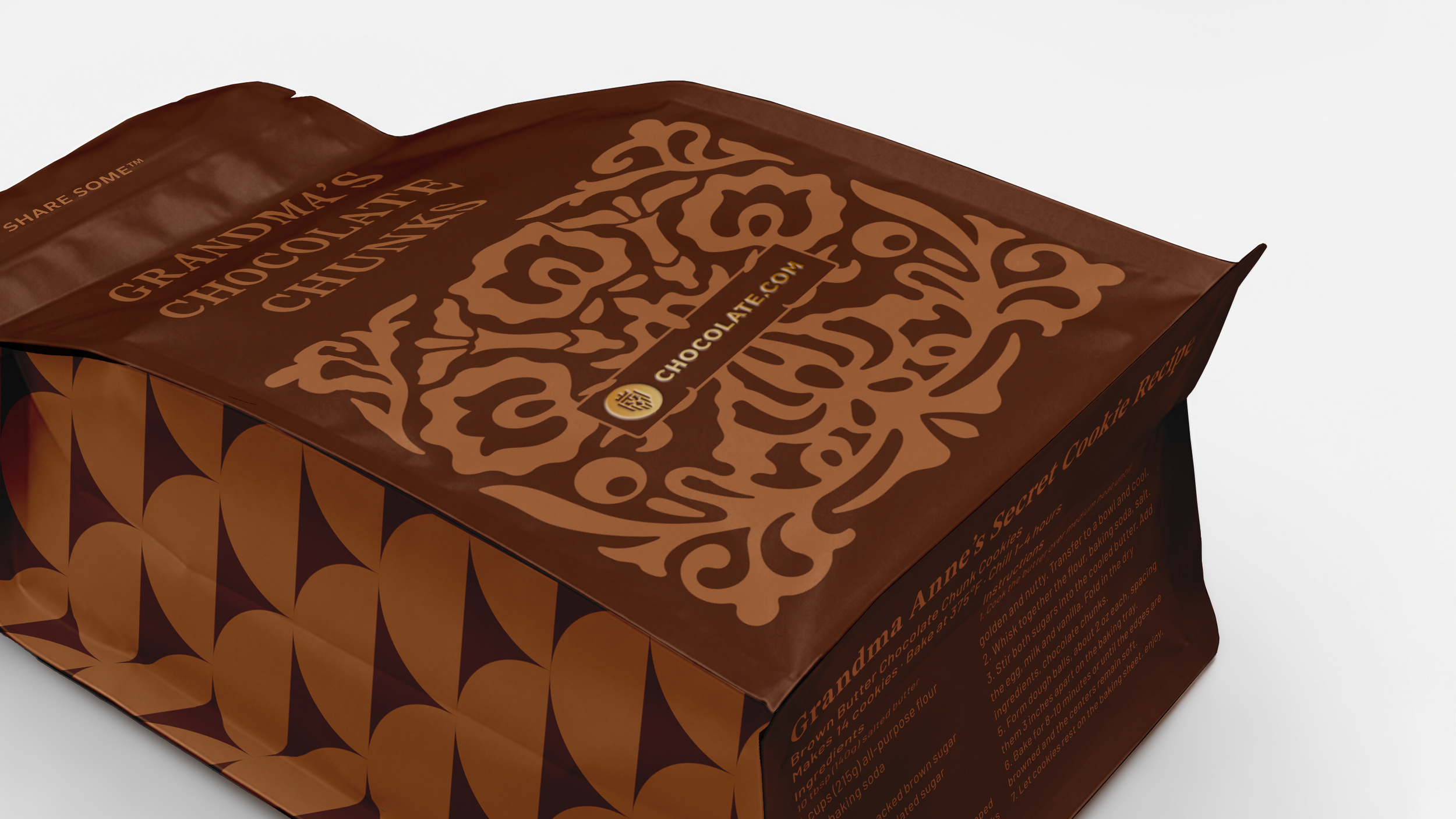 Foldable bag packaging concept for Chocolate.com Grandma Anne’s Chocolate Chunks with hidden recipe.