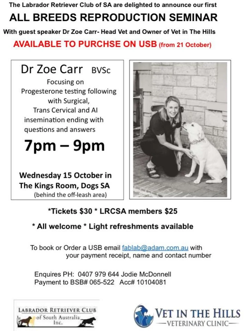 📣 Calling all breeders! 🐾
Join Dr. Zoe from Vet in the Hills and the Labrador Retriever Club of SA next Wednesday for an informative and interactive seminar designed just for you!
🧬 Topic: Understanding Your Progesterone Testing
Whether you&rsquo;