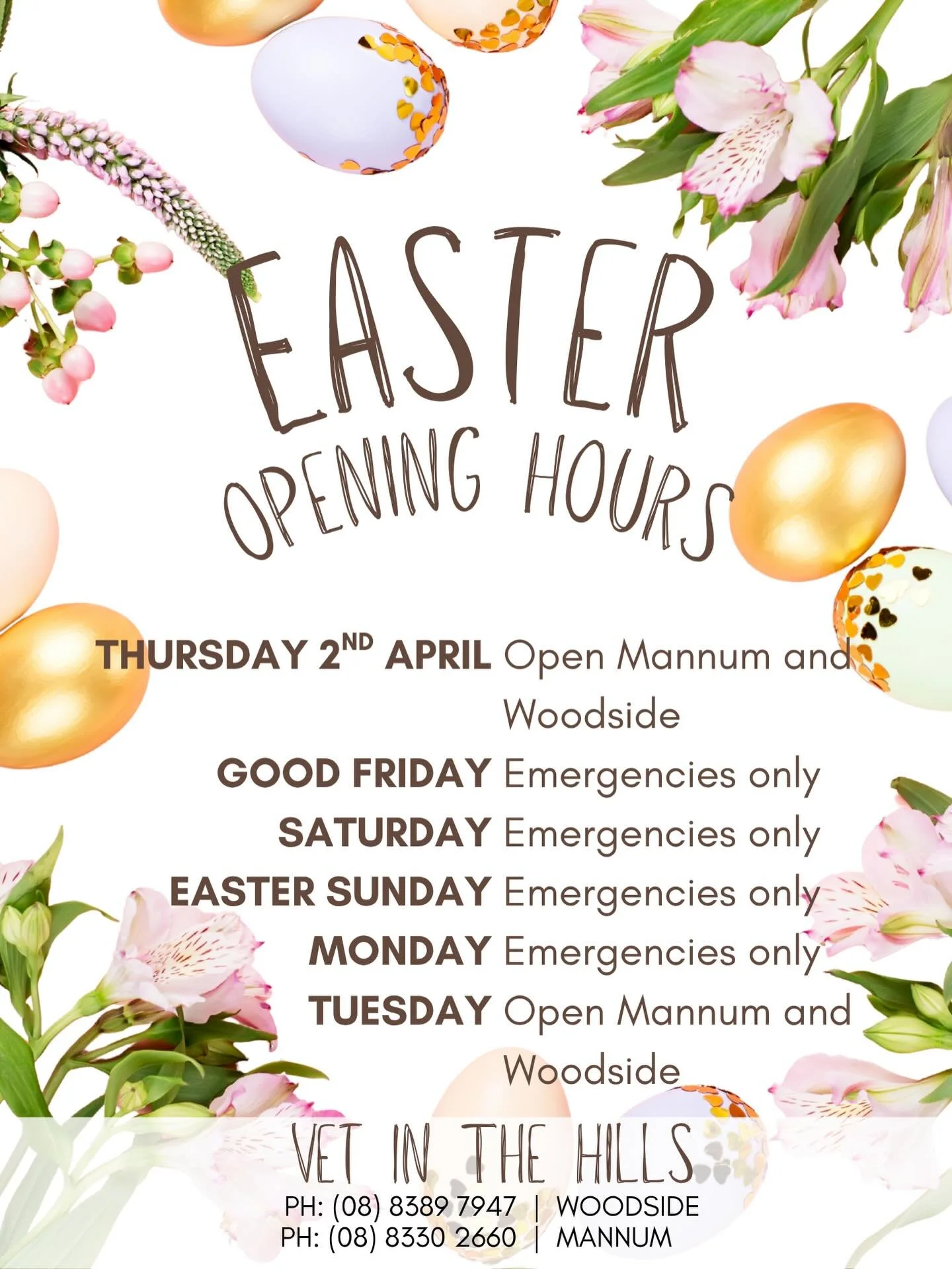 🐣🌼 Hoppy Easter from the Vet in the Hills team! 🌼🐣
Just a quick heads up on our Easter hours:
✨ Thursday &ndash; Open at both Mannum &amp; Woodside
🥕 Good Friday &ndash; Emergencies only
🥕 Saturday &ndash; Emergencies only
🥕 Easter Sunday &nda