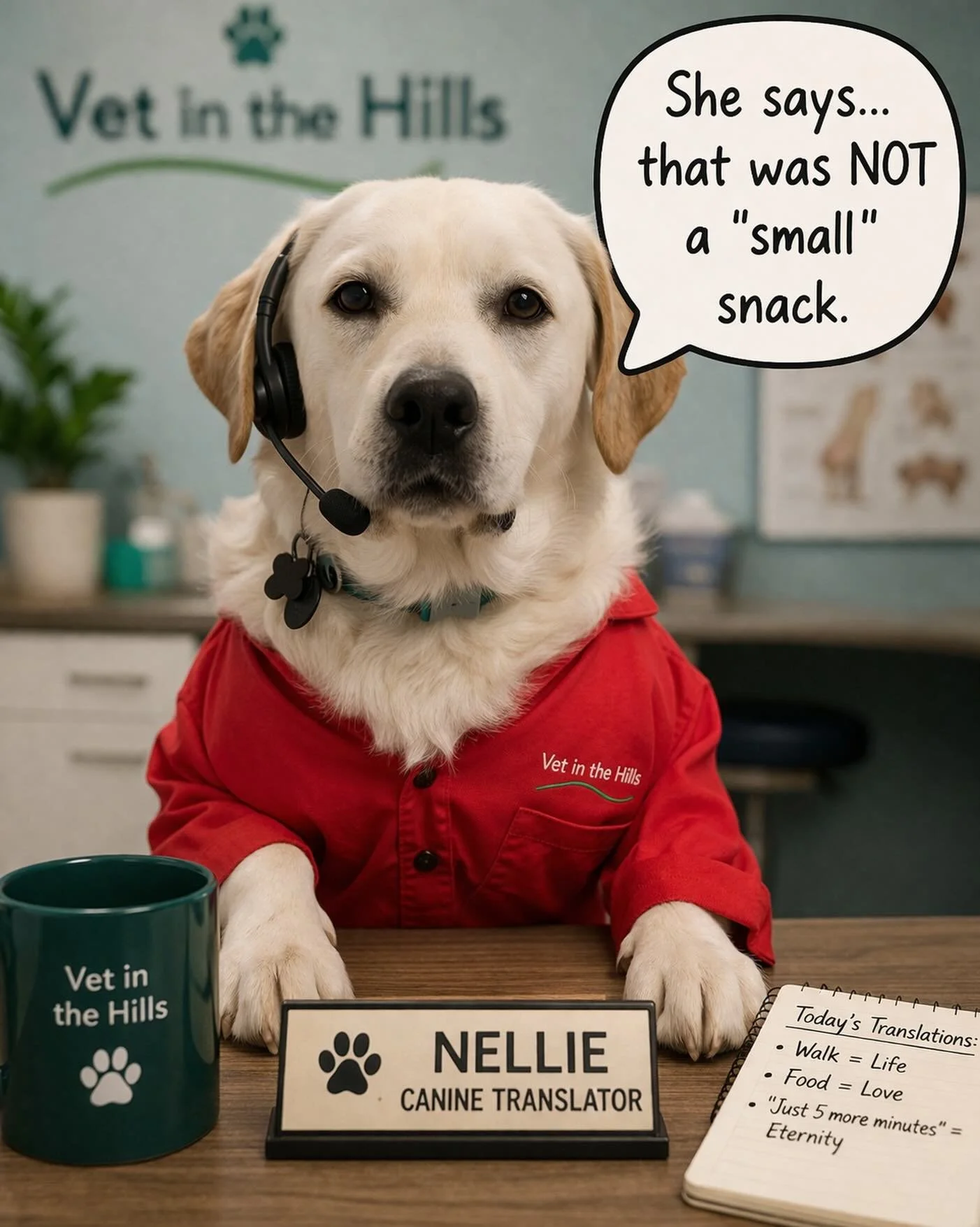 🚨 NEW SERVICE ALERT 🚨

After overwhelming demand (mostly from Nellie), we are now offering&hellip;

🐾 **Canine-to-Human Translation Consults** 🐾

Meet Nellie &ndash; our head translator 🎧
Highly qualified in:
&bull; Snack portion auditing
&bull;