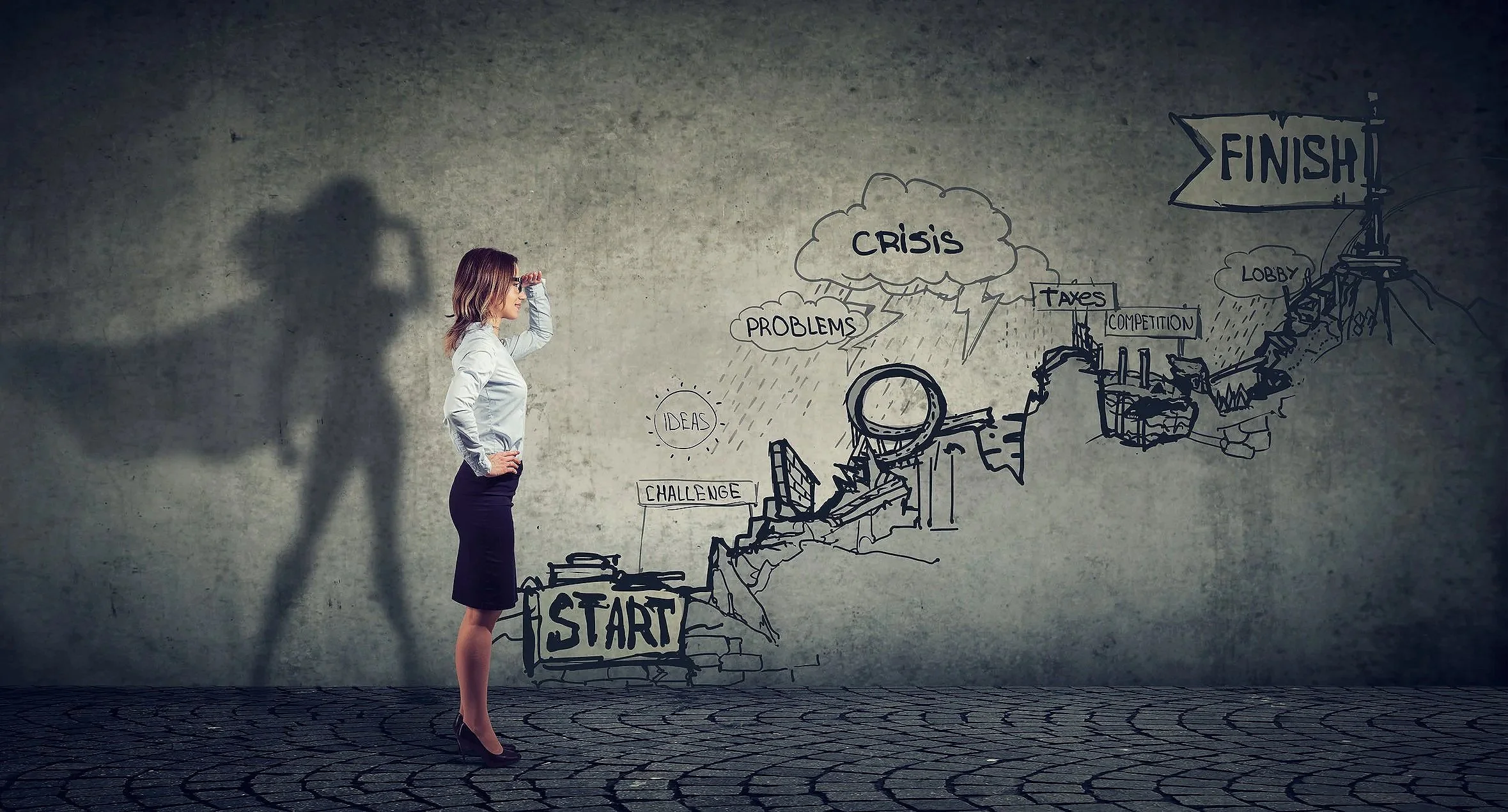 A professional woman standing in profile, hand at her forehead as if assessing the horizon