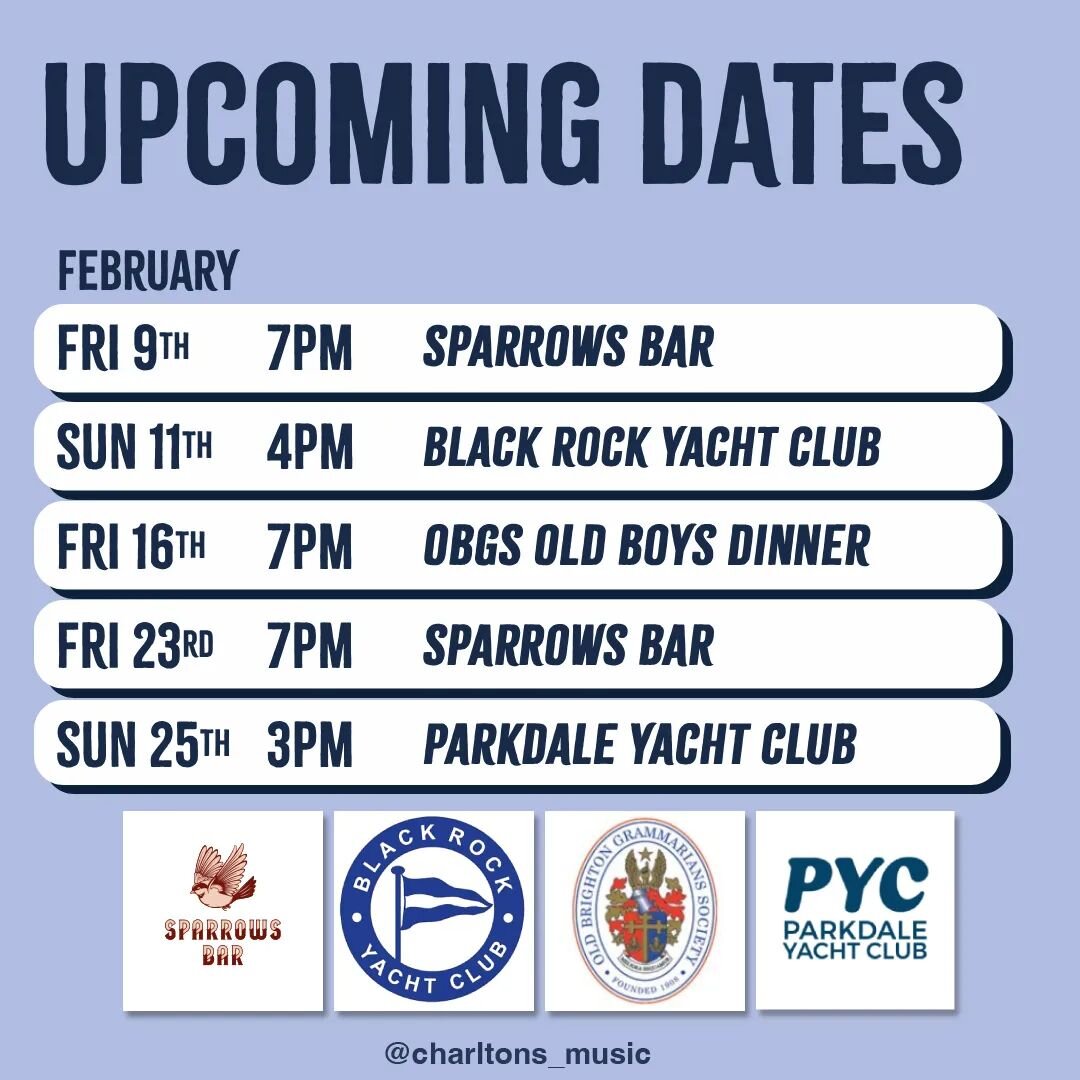 Upcoming Gigs - February 🗓️

We have a busy month planned, including private functions, brand new venues and an old faithful 🐦&zwj;⬛

We're super keen for this month and love having opportunities to play at new local venues, birthdays, engagement p