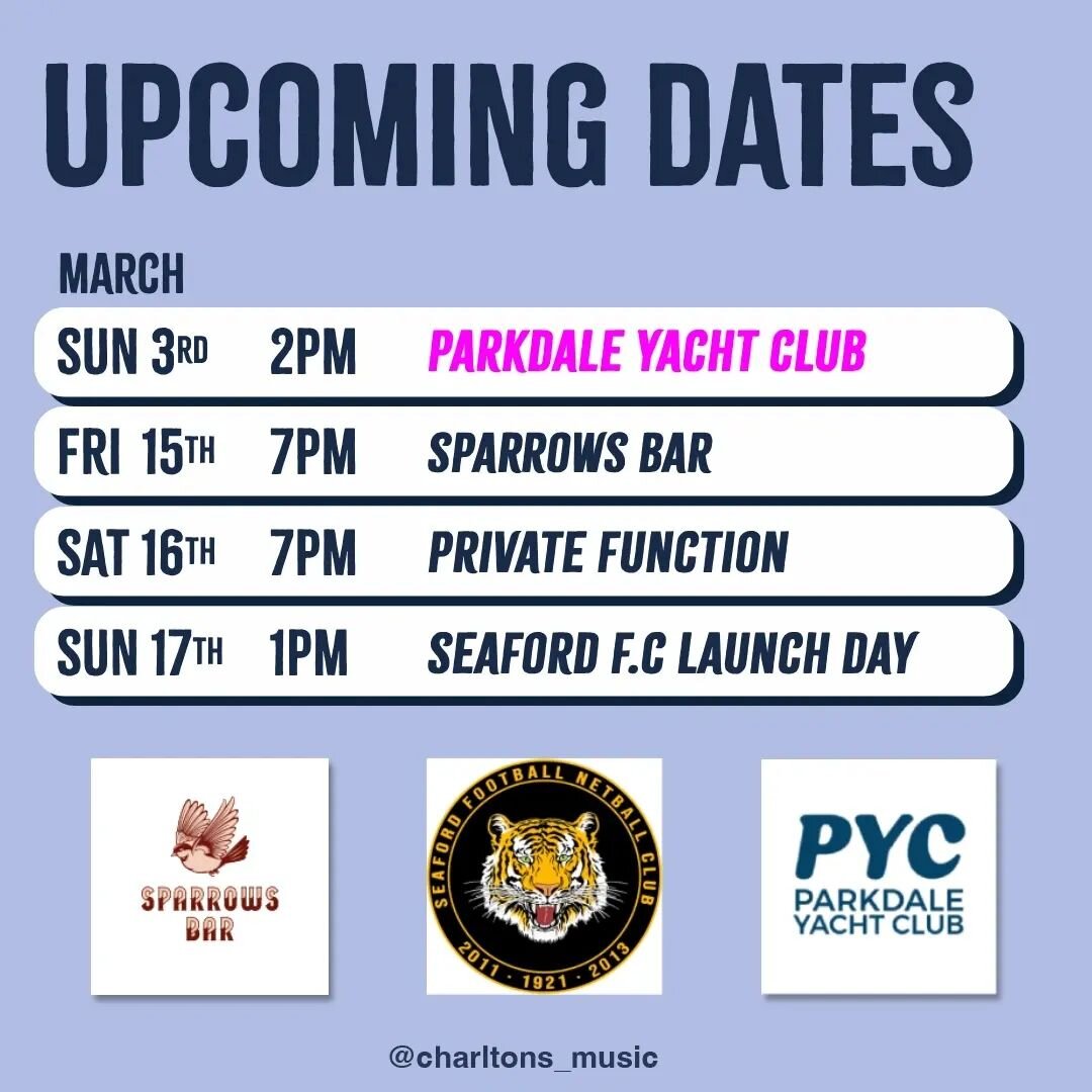 Upcoming Gigs - March 🗓️

Here's our March schedule so far! A few private functions and a return to our favourite pub Sparrows. We are looking for another gig over the Easter long weekend, so stay tuned! 🐇🍫🧺