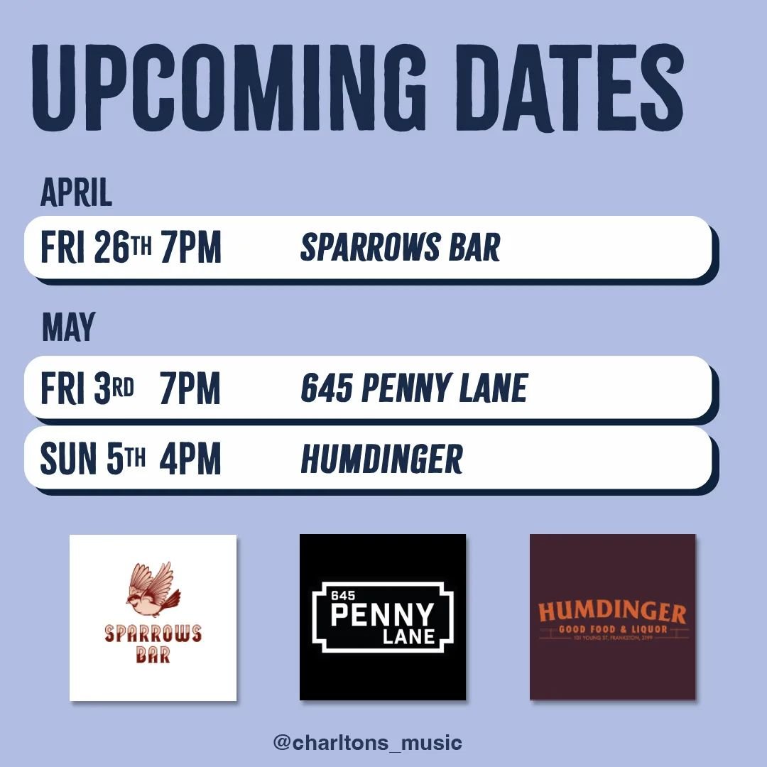 Upcoming Gigs - April/May 🗓️

We just finished a massive 3 gig weekend, with two private functions in there 🤝
Coming up, we have two 🔥BRAND NEW🔥 venues over the next few weeks and back to our favourite at Sparrows for another Friday night sesh af