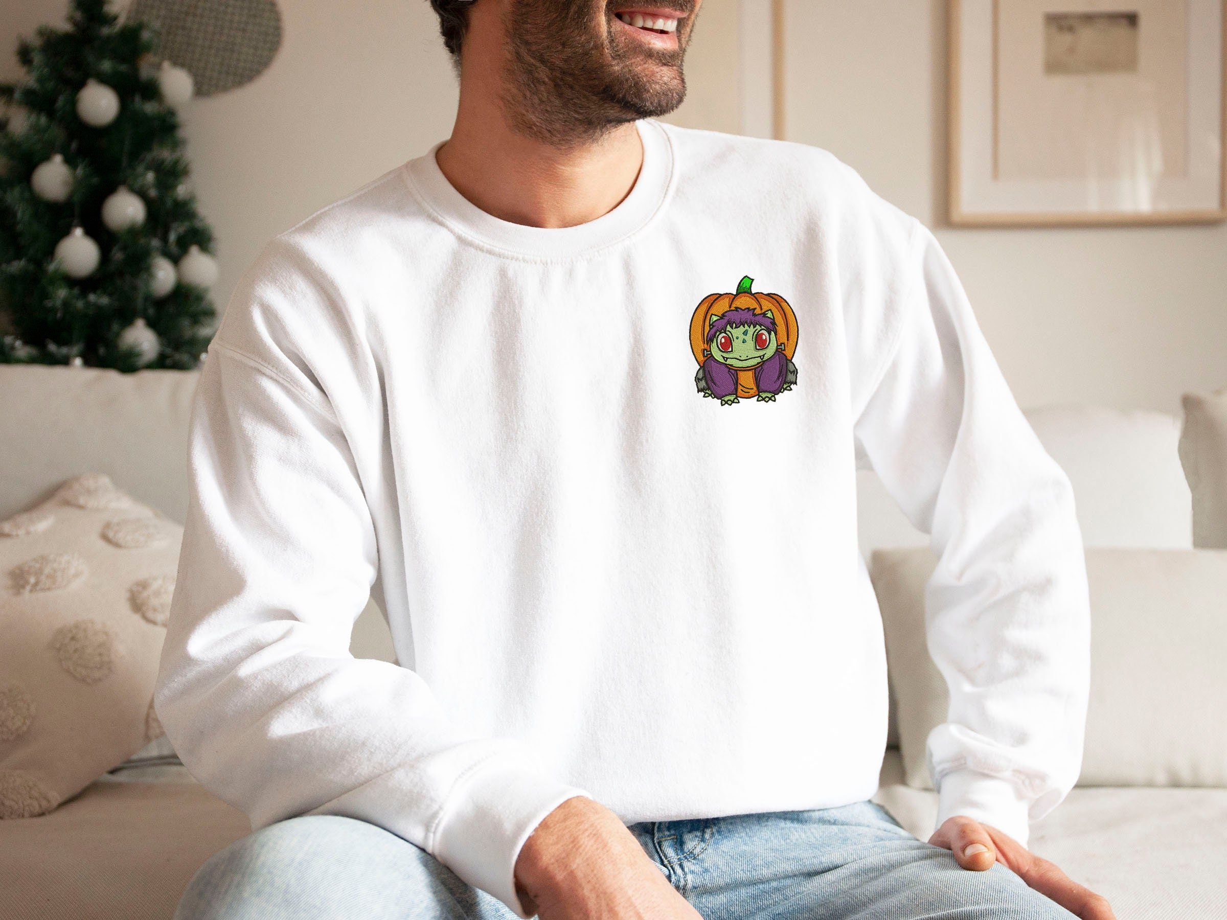 Embroidered Pumpkin Sweatshirt - Bulbasaur Frankenstein Halloween Sweater