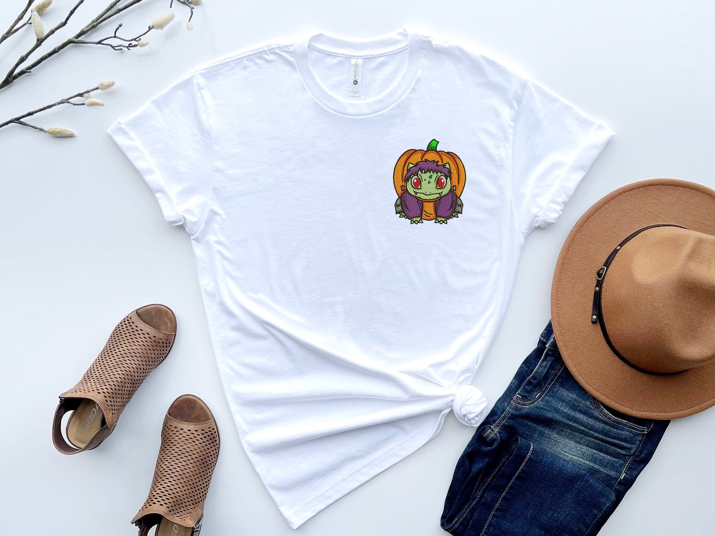 Embroidered Pumpkin Shirt - Bulbasaur Frankenstein Halloween Shir