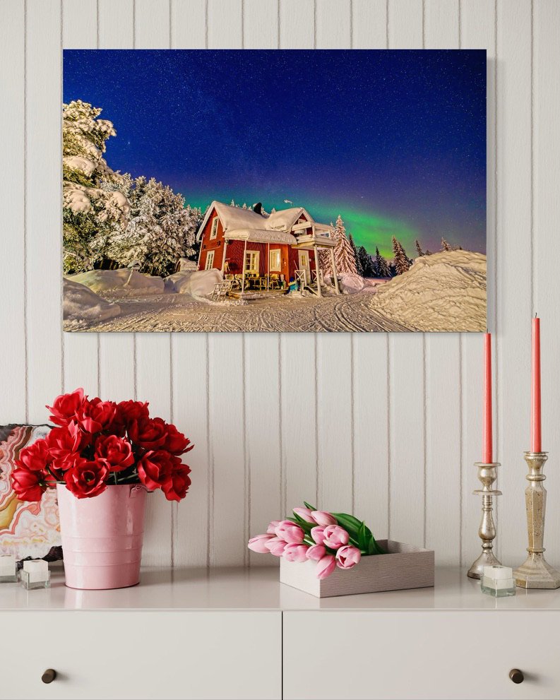 This striking red cabin under the northern lights in Kiruna, Sweden. Wall decor print.
