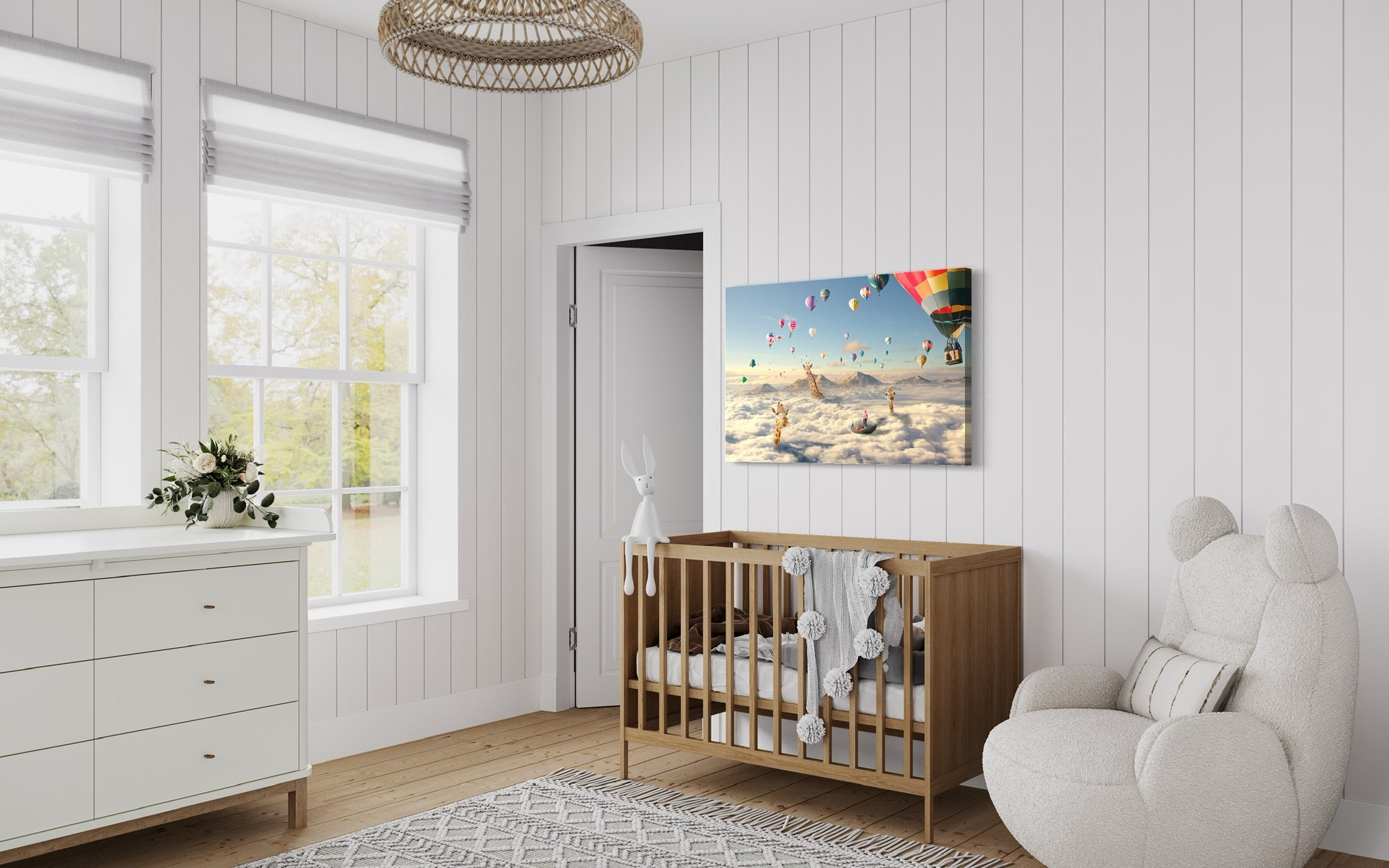 Giraffes and Hot Air Balloon Canvas Print over Baby's Crib
