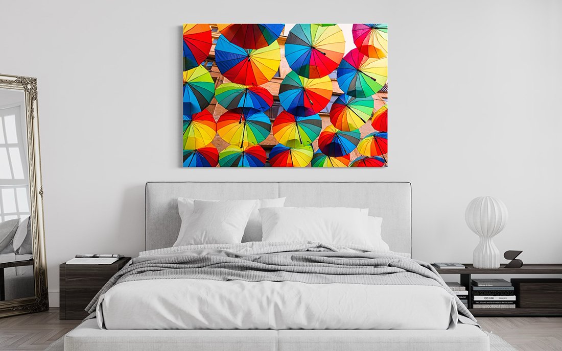 Street Covered With Colored Umbrellas In Bucharest - Print Canvas over Bed.jpg
