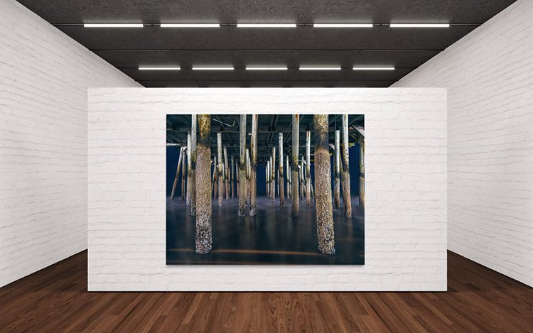 Under the pier, boardwalk at Old Orchard Beach, Maine. The wooden poles are barnacle encrusted as seen at night Gallery Canvas.jpg