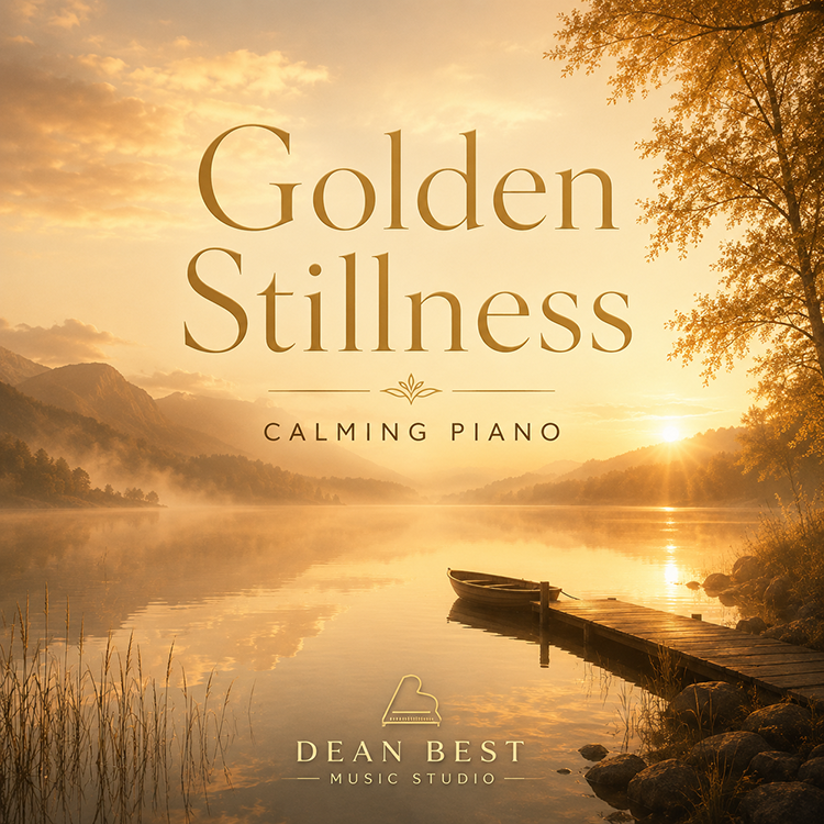 Golden Stillness calming piano cover art by Dean Best Music Studio featuring a golden lake sunrise, quiet dock, mountains, and peaceful background music branding.