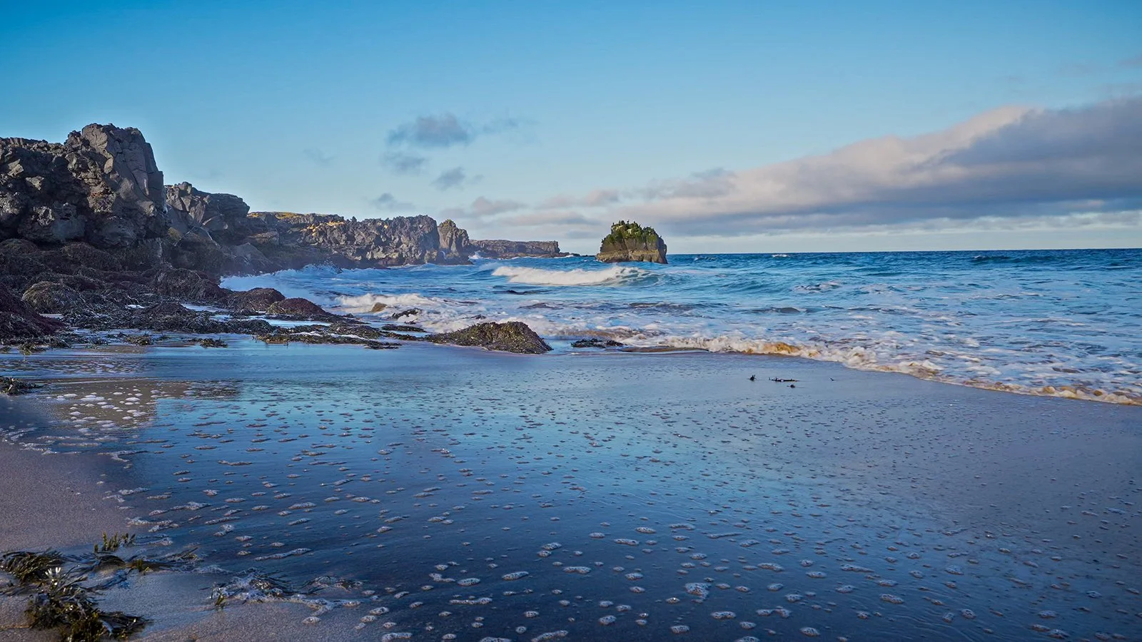 Ocean waves rolling across a rocky Iceland coast with blue water, rugged shoreline, and calm coastal light.