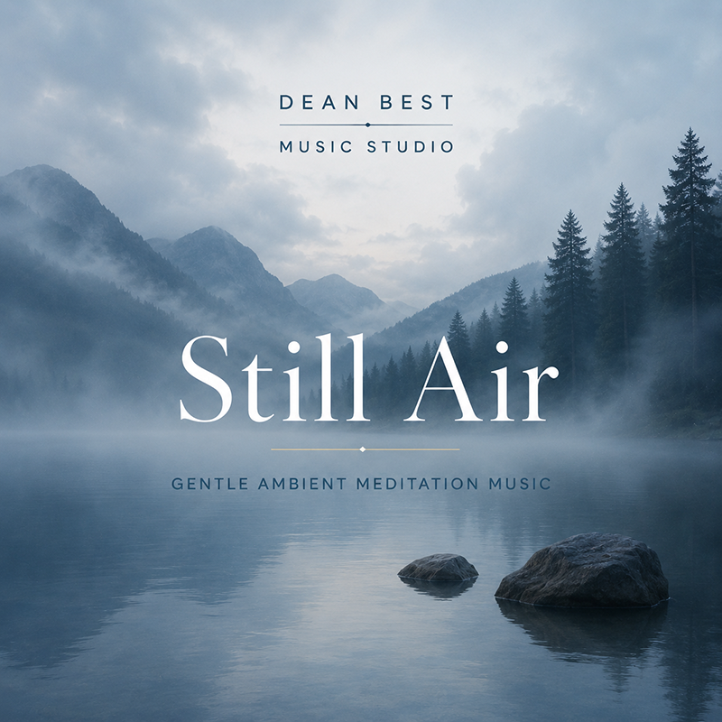 Still Air gentle ambient meditation music cover art by Dean Best Music Studio featuring a misty blue mountain lake, forest shoreline, and peaceful background music branding.
