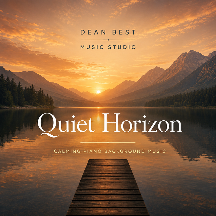 Quiet Horizon calming piano background music cover art by Dean Best Music Studio featuring a sunset lake, mountain valley, wooden dock, and peaceful music branding.