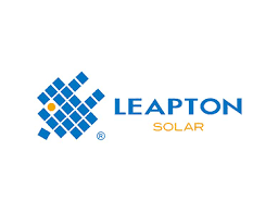 Leaptom Solar logo with blue squares forming a stylized arrow or flame, and the words "LEAPTON SOLAR" in blue and orange.