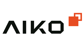 A logo with the word 'AIKO' in black, modern font and an orange plus sign to the right.