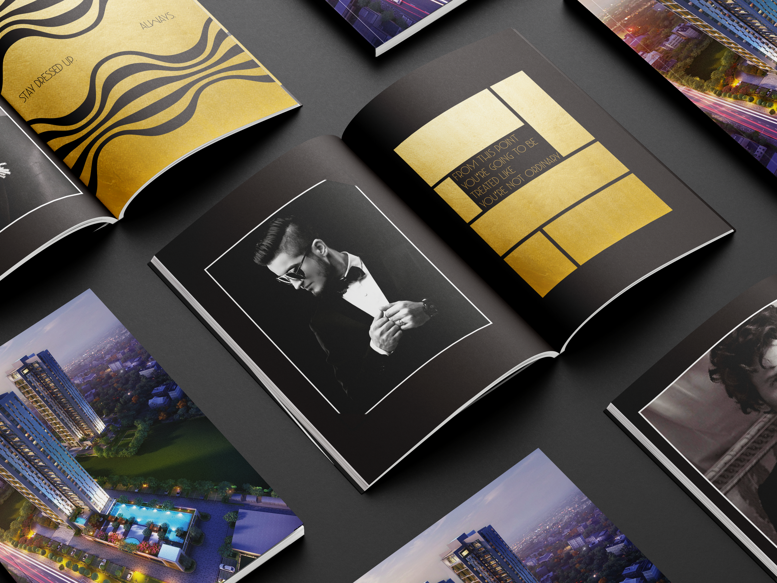 Brochure pages showing man in style and elevation of building