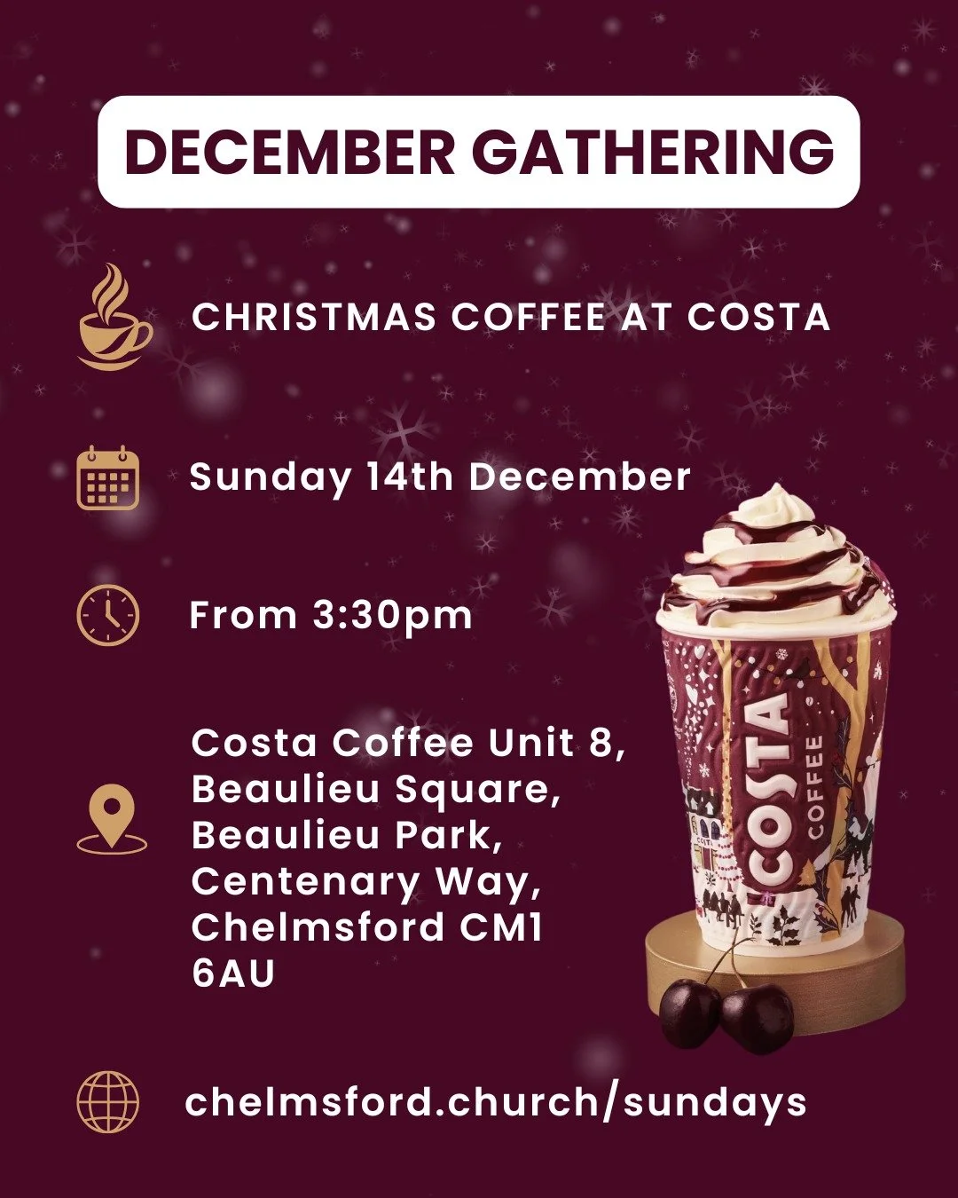 CHRISTMAS COFFEE &amp; CONNECT &nbsp;☕️ 🌲

We'd love to buy you a Christmas coffee - other drinks allowed!

Join us for our Christmas Coffee &amp; Connect afternoon at Costa in Beaulieu Park to find out who we are and what we are about ... and have 
