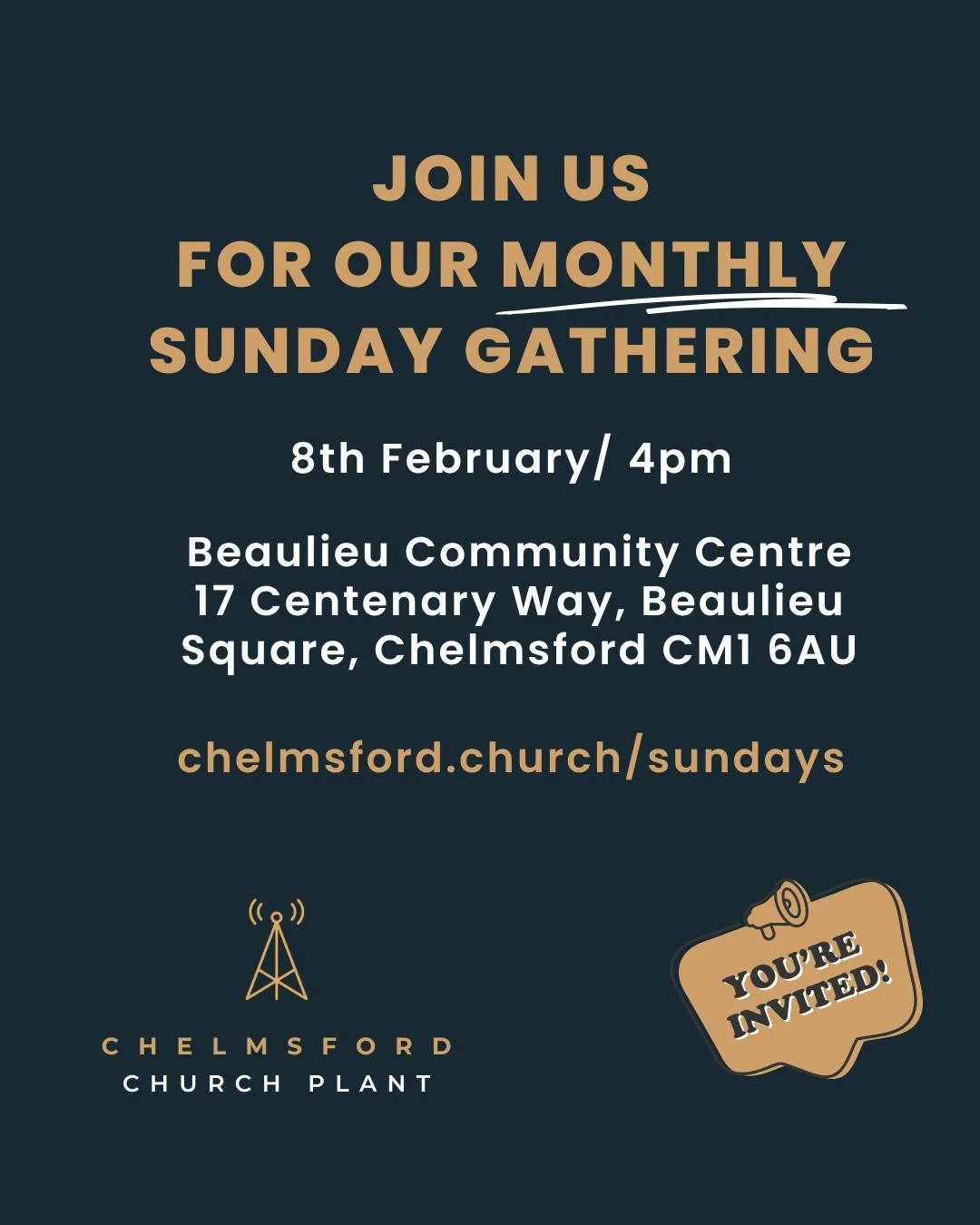 🙌🏼 FEBRUARY SERVICE
Join us this Sunday at @beaulieucommunity

Primary-aged children&rsquo;s activities will be on too.

🗓️ 8th February, 4pm
📍 Beaulieu Community Centre
📢 Tom Scrivens speaking

🌐 chelmsford.church/sundays

Let us know if you w