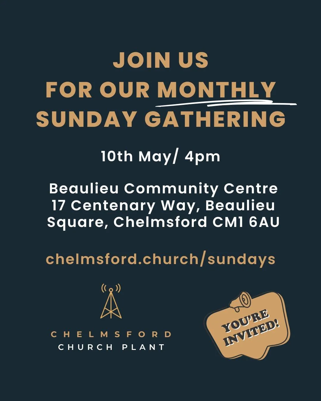 🙌🏼 MAY SERVICE
Join us this Sunday at @beaulieucommunity

Primary-aged children&rsquo;s activities will be on too.

🗓️ 10th May, 4pm
📍 Beaulieu Community Centre

🌐 chelmsford.church/sundays

Let us know if you want any more information, or go to