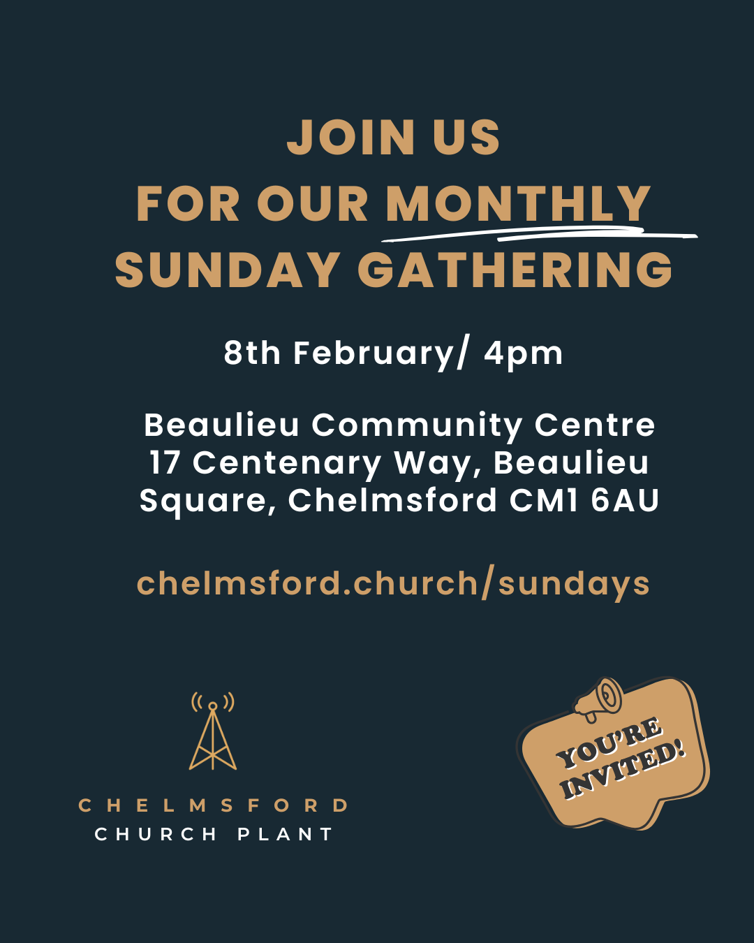 A digital graphic inviting people to a November gathering, scheduled for Sunday, November 9th at 4 pm at Beaulieu Community Centre, 17 Centenary Way, Beaulieu Square, Chelmsford CM1 6AU. The graphic features icons of a calendar, clock, location pin, and globe, with a speech bubble saying 'You're Invited!' and the Chelmsford Church Plant logo.