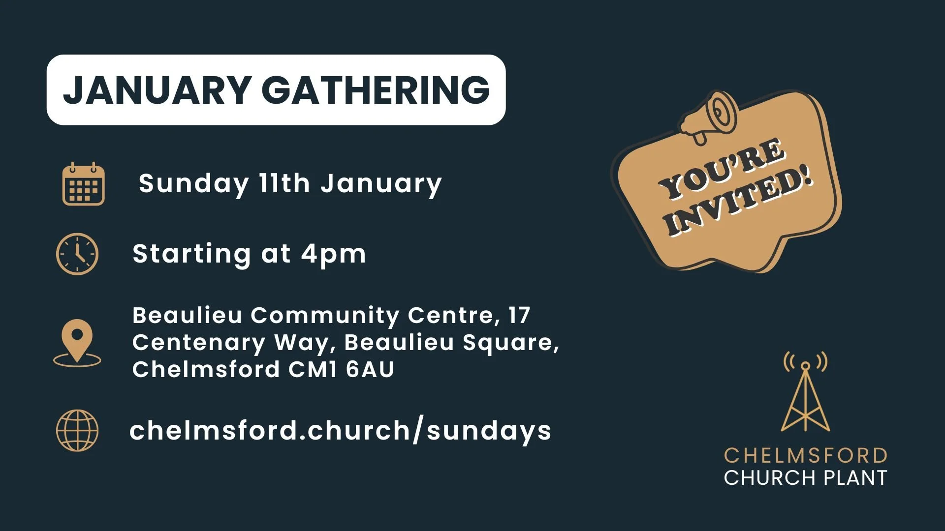 A digital graphic inviting people to a November gathering, scheduled for Sunday, November 9th at 4 pm at Beaulieu Community Centre, 17 Centenary Way, Beaulieu Square, Chelmsford CM1 6AU. The graphic features icons of a calendar, clock, location pin, and globe, with a speech bubble saying 'You're Invited!' and the Chelmsford Church Plant logo.