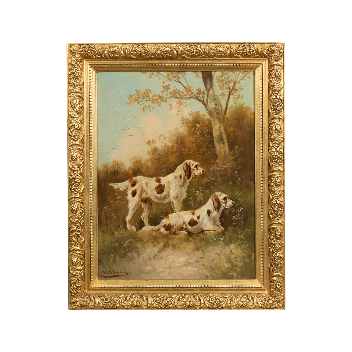Nineteenth-century painting of setters in a gilded frame