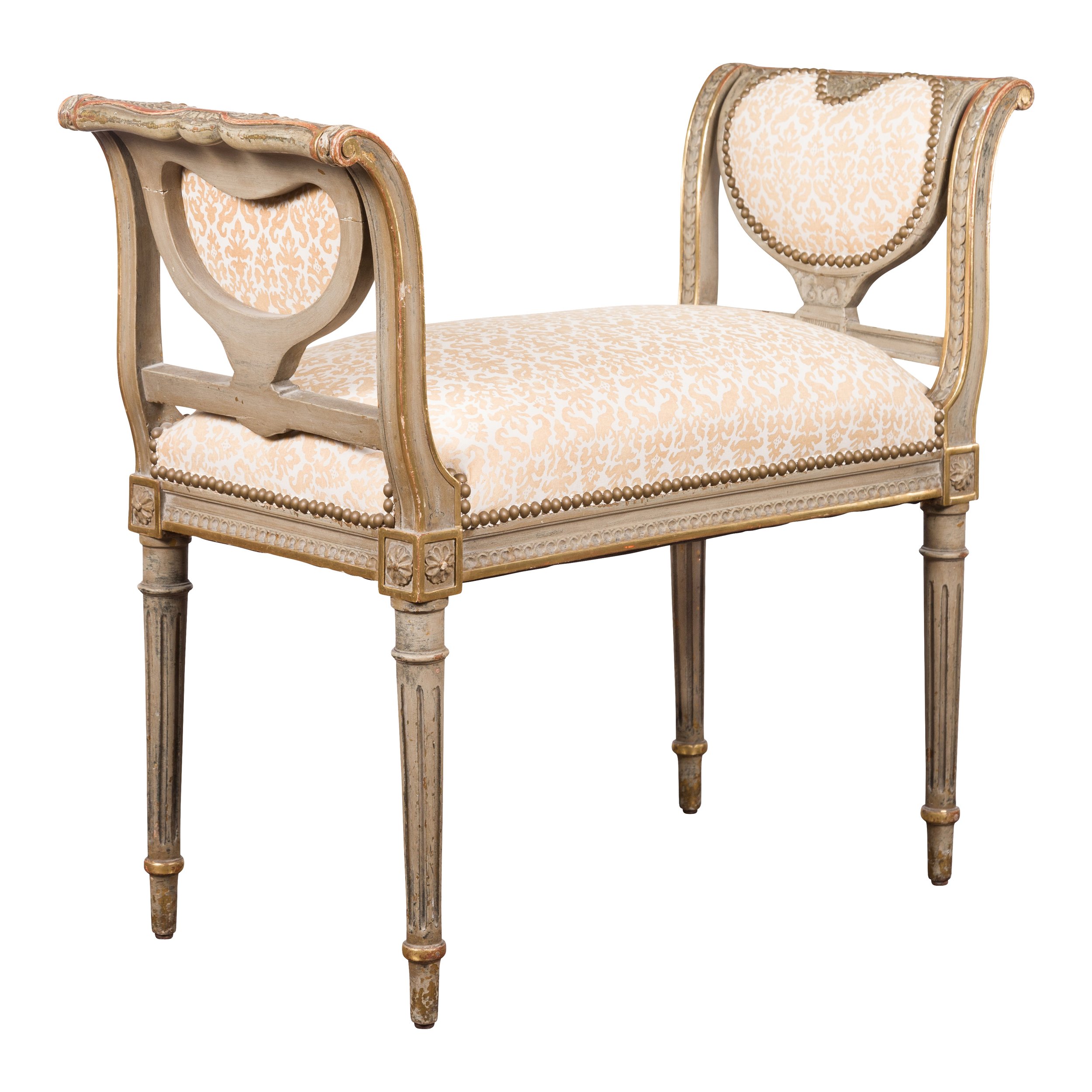 Louis XVI-style painted bench with carved frame photographed for Atlanta antiques dealer on 1stDibs