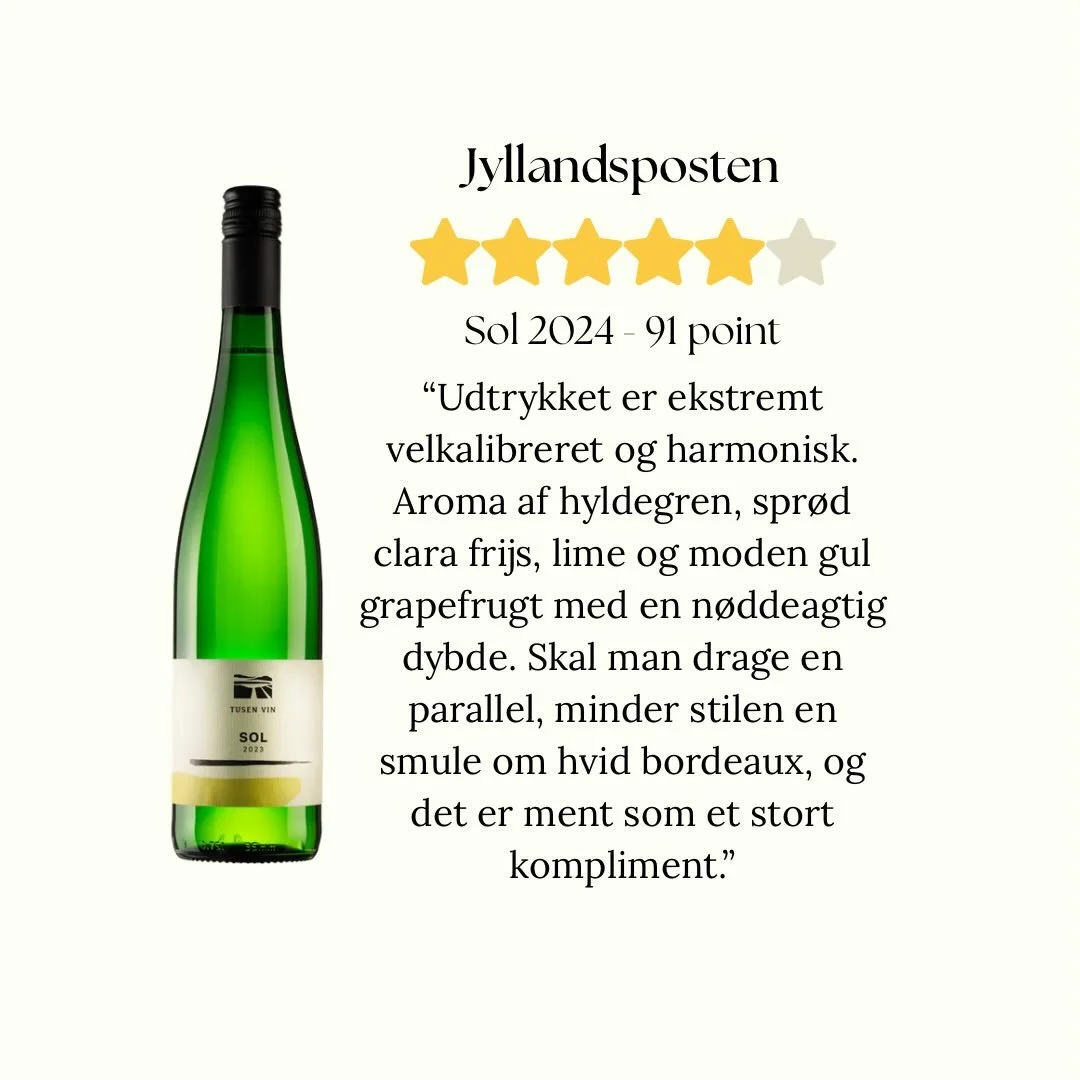 ☀️ 91 point til Sol 2024 &ndash; og vi er mere end begejstrede! ☀️

Vores Sol 2024 har f&aring;et 91 point og 5 stjerner i Jyllands-Posten. Anmelderen kalder den &ldquo;ekstremt velkalibreret og harmonisk&rdquo; og fremh&aelig;ver den flotte balance 