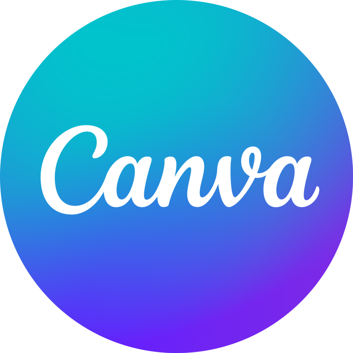 Canva logo with a circular background gradient from teal to purple, with the word 'Canva' written in white script font.