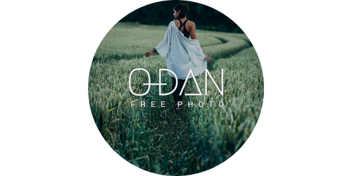 A woman walking through a green field holding a white jacket, with the text 'O'DAN Free Photo' overlayed.